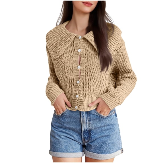 GigrtiJin Casual Quilted Knitted Sweater for Women Solid Color Doll Collar Button Down Long Sleeve Cute Blouse
