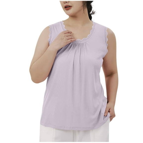 GigrtiJin Casual Trendy Sleeping Tank Tops for Women Solid Color Ruffled Crew Neck Sleeveless Pleated Pajama Casual Homewear Nightwear
