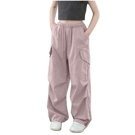 GigrtiJin Children Cargo Pants Solid Color Elatsic Waisted Drawstring Multipocket Wide Leg Pants Trendy Baggy Casual Pants