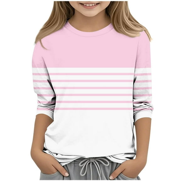 GigrtiJin Children Girl's 3/4 Sleeve Blouse Patchwork Striped Round Neck Casual Shirt Trendy Pullover Tops 3-14 Years