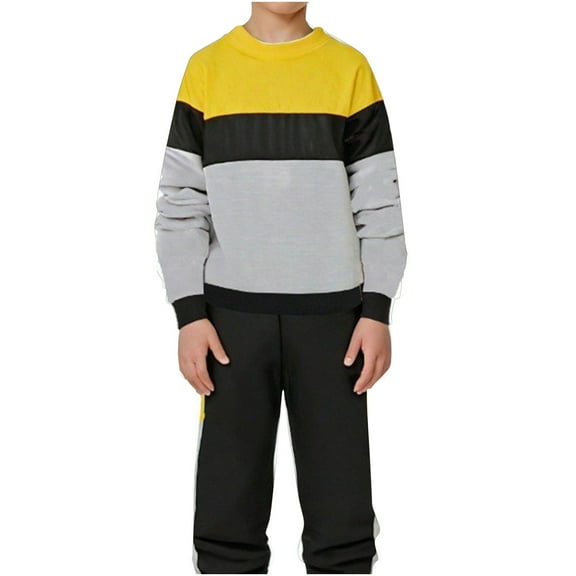 GigrtiJin Children Sweatshirt Two-Piece Set Long Sleeved Color Block Round Neck Top and Pants Casual Loose Sets