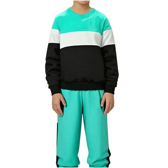 GigrtiJin Children Sweatshirt Two-Piece Set Long Sleeved Color Block Round Neck Top and Pants Casual Loose Sets