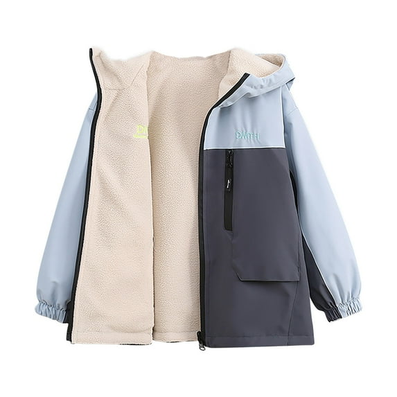 GigrtiJin Children's Fleece Raincoat Unisex Color Block Long Sleeve Hooded Zipper Jacket with Pocket Waterproof Trendy Casual Outwear