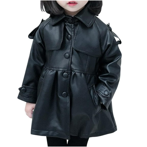 GigrtiJin Children's Girls' Leather Coat Solid Color Button Collar Velvet Coat Long Sleeve Headless Fashion Jacket