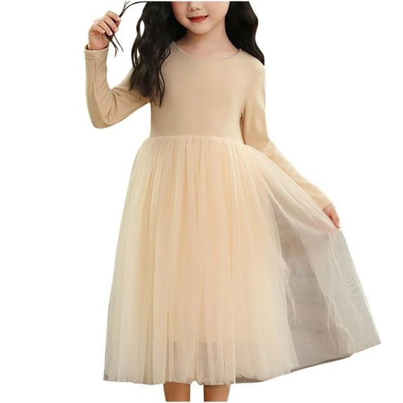 GigrtiJin Children's Girls Long Sleeve Dresses Fashion Round Neck Solid Color Mesh Dress Casual Cute Comfy Dress