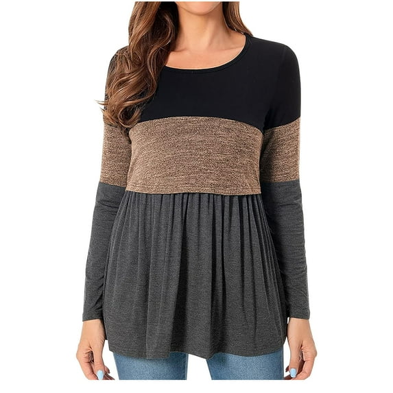 GigrtiJin Color Block Tops for Maternity Crew Neck Long Sleeve Pleated Nursing Blouse Pregnant Trendy Dressy Tunic