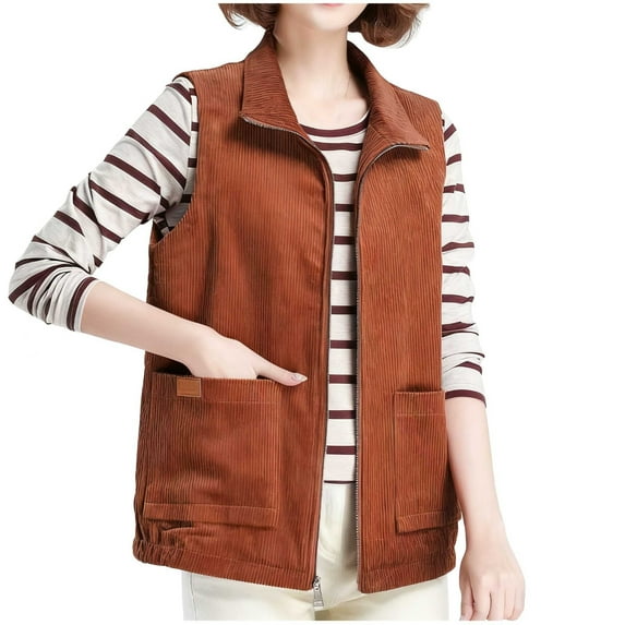 GigrtiJin Corduroy Plus Size Vest Jacket for Women Solid Color Lapel Zip Up Sleeveless Outcoat with Pocket
