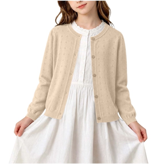 GigrtiJin Cotton Cardigan for Girls Long Sleeve Button Down Cardigan Crew Neck Trendy Cute Casual Loose Sweater 1T-15T