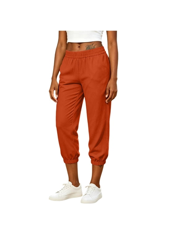 Cotton Linen Capris for Women Elastic High Waisted Capris Dressy Casual Solid Color Going Out Cuffed Capris