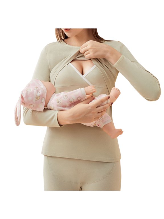 Cotton Shirt for Maternity Solid Color Crew Neck Long Sleeve Breastfeeding Blouse Slim Comfy Nursing Tops