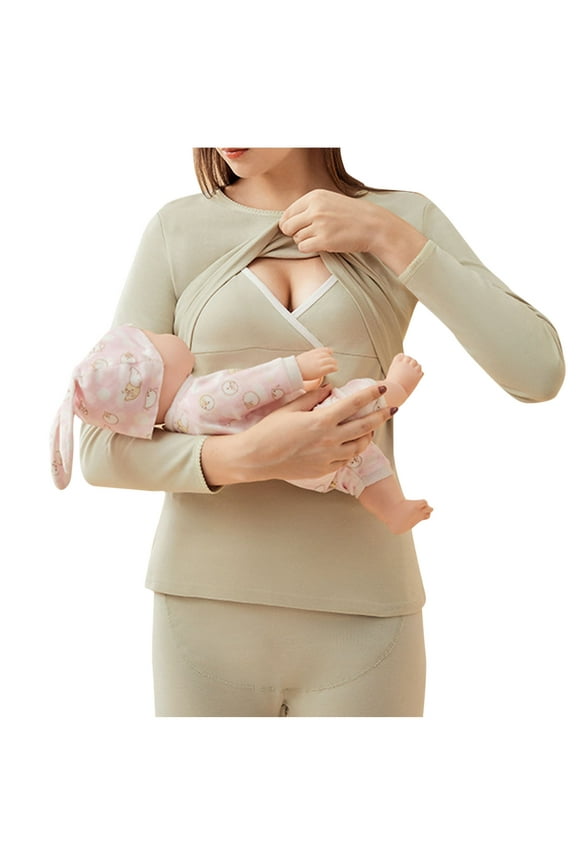 Cotton Shirt for Maternity Solid Color Crew Neck Long Sleeve Breastfeeding Blouse Slim Comfy Nursing Tops