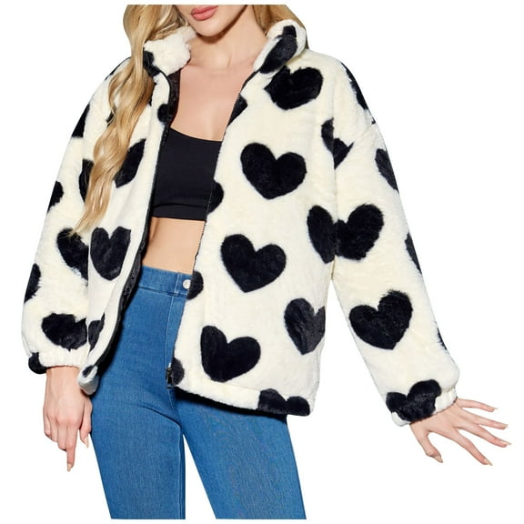 GigrtiJin Cows Print Jackets for Women Fashion Winter Zip up Stand Collar Coats Warm Comfy Open Front Coat Outerwear