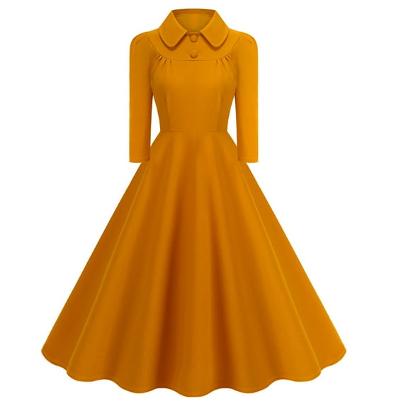 GigrtiJin Dresses for Women 3/4 Sleeves Lapel Button Midi Dress Casual Evening Party Prom Pleated Flowy Dress