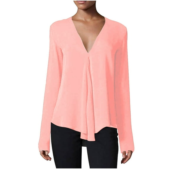 GigrtiJin Dressy Casual Blouses for Women Deep V Neck Tops Loose Long Sleeve T Shirt Elegant Spring Summer Tunic Shirts