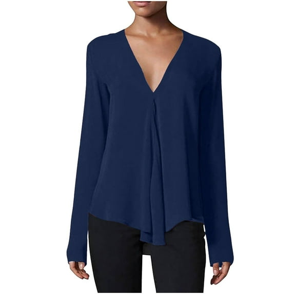 GigrtiJin Dressy Casual Blouses for Women Deep V Neck Tops Loose Long Sleeve T Shirt Elegant Spring Summer Tunic Shirts