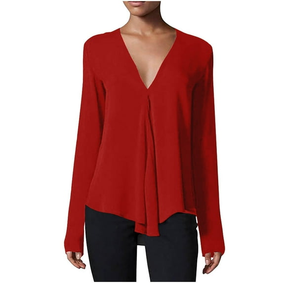 GigrtiJin Dressy Casual Blouses for Women Deep V Neck Tops Loose Long Sleeve T Shirt Elegant Spring Summer Tunic Shirts