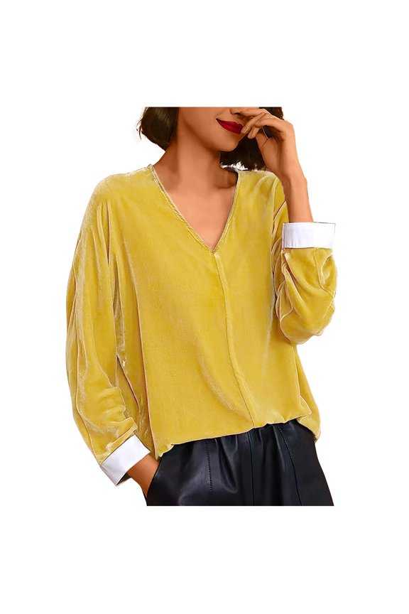 Dressy Velvet Blouses for Women Oversized Solid Color V Neck Tunic Tops Casual Loose Long Sleeve T Shirt