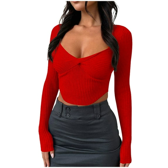 GigrtiJin Fall Sweater for Women Long Sleeve V_neck Cropped Sweater Tops Solid Color Casual Fashion Slim Sweaters