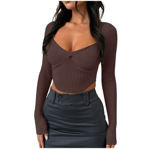 GigrtiJin Fall Sweater for Women Long Sleeve V_neck Cropped Sweater Tops Solid Color Casual Fashion Slim Sweaters