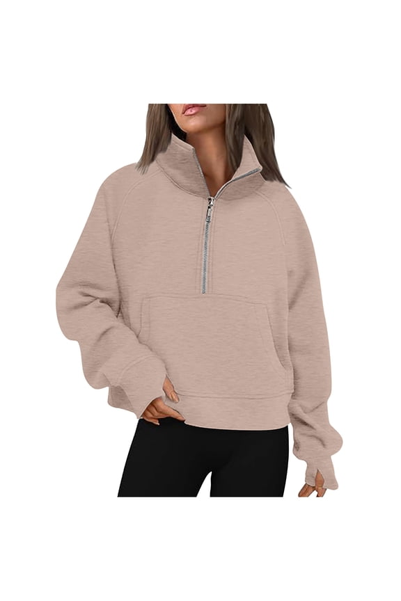 Fall Sweatshirts for Women Half Zip Cropped Sweatshirt Pullover Fleece Plus Size Hoodies with Thumb Hole