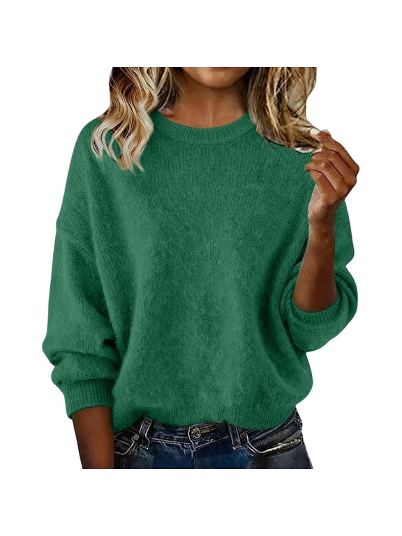 Fall Winter Knitted Sweater for Women Solid Color Round Neck Long Sleeve Tunic Loose Thermal Tops