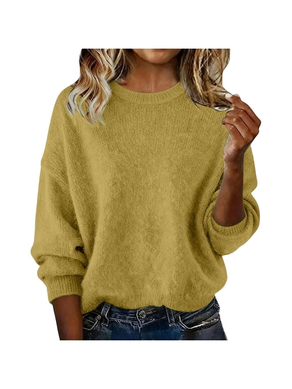 Fall Winter Knitted Sweater for Women Solid Color Round Neck Long Sleeve Tunic Loose Thermal Tops