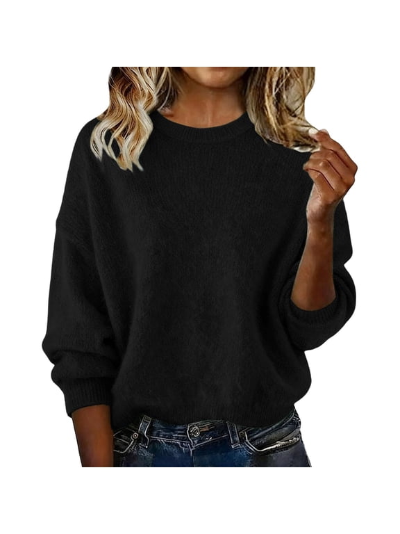 Fall Winter Knitted Sweater for Women Solid Color Round Neck Long Sleeve Tunic Loose Thermal Tops