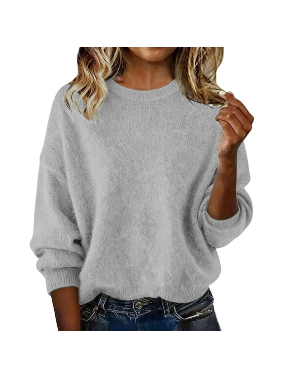 Fall Winter Knitted Sweater for Women Solid Color Round Neck Long Sleeve Tunic Loose Thermal Tops