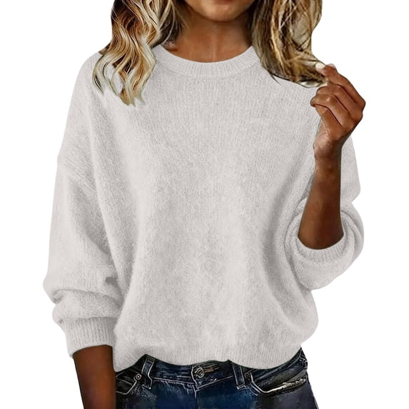 GigrtiJin Fall Winter Knitted Sweater for Women Solid Color Round Neck Long Sleeve Tunic Loose Thermal Tops