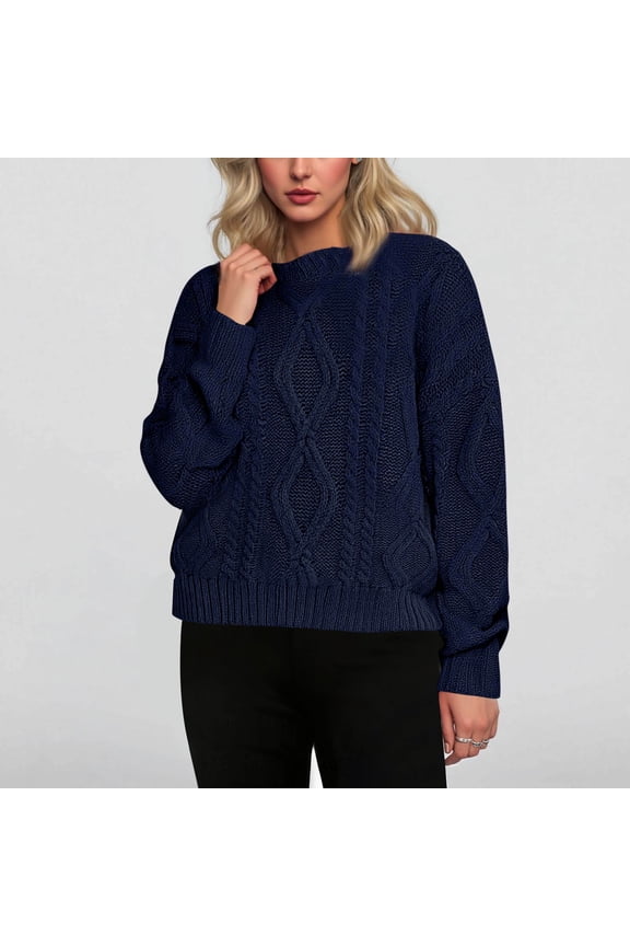 Fall Winter Pullover Sweater for Women Solid Color Cable Knitted Crew Neck Long Sleeve Blouse Causal Thermal Tops