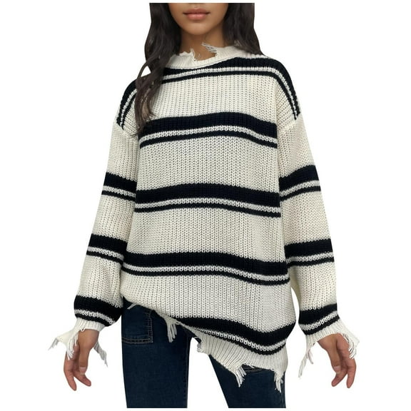 GigrtiJin Fall Winter Sweater for Women Striped Round Neck Trendy Loose Kint Tops Casual Lightweight Pullover Blouse