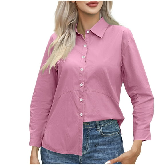 GigrtiJin Fall Women Plus Size Button down Tops Long Sleeve Lapel Round Neck Blouses Solid Color Loose Basic Shirts