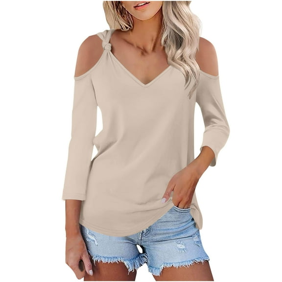 GigrtiJin Fall cold Shoulder V-Neck Tops 3/4 Sleeve Pullover Solid Color Shirts Casual Going out Fashion Blouses