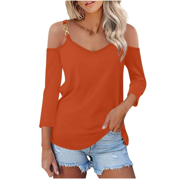 GigrtiJin Fall cold Shoulder V-Neck Tops 3/4 Sleeve Pullover Solid Color Shirts Casual Going out Fashion Blouses