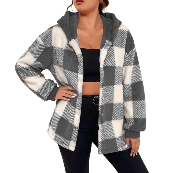 GigrtiJin Fleece Cardigan Casual Outcoat for Women Plaid Printed Hooded Button Down Long Sleeve Jacket Trendy Thermal Outwear