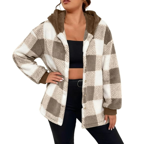 GigrtiJin Fleece Cardigan Casual Outcoat for Women Plaid Printed Hooded Button Down Long Sleeve Jacket Trendy Thermal Outwear
