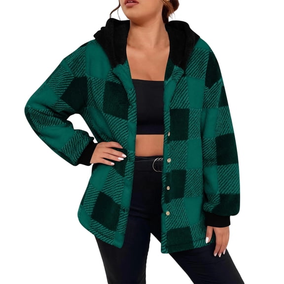GigrtiJin Fleece Cardigan Casual Outcoat for Women Plaid Printed Hooded Button Down Long Sleeve Jacket Trendy Thermal Outwear