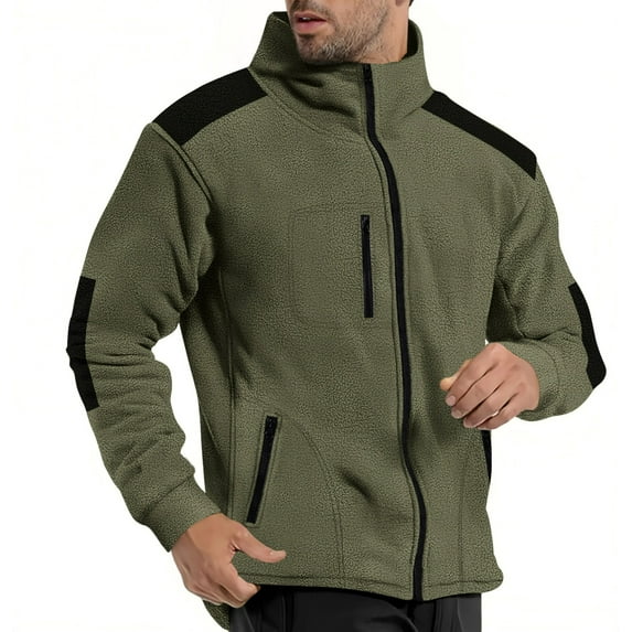 GigrtiJin Fleece Cargo Tops for Men Solid Color Stand Collar Zipper Long Sleeve Multipocket Blouse Thermal Sport Tunic