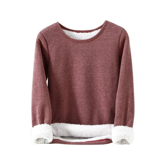 GigrtiJin Fleece Homewear Pajama for Women Solid Color Crew Neck Long Sleeve Sleeping Tops Winter Thermal Nightwear