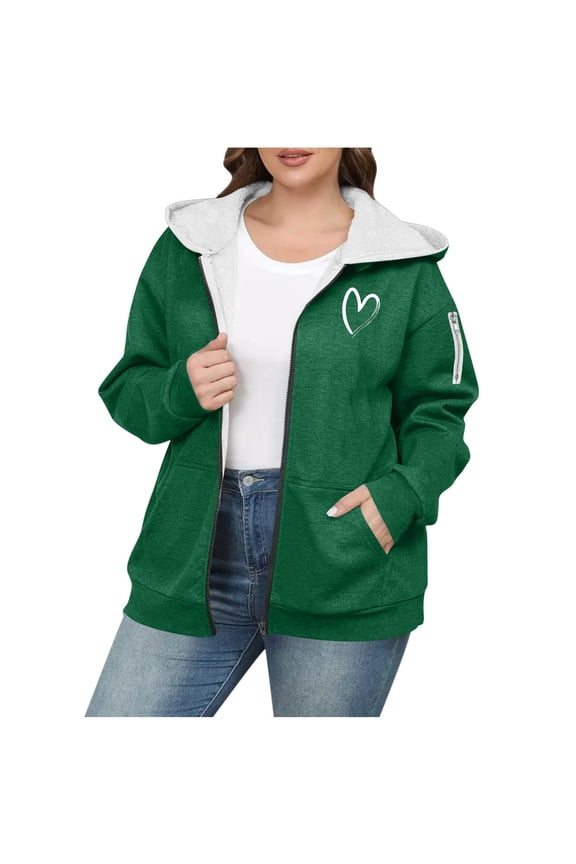 Fleece Plus Size Hooded Jacket for women Heart Printed Zip Up Long Sleeve Outwear with Pocket Trendy Casual Outcoat