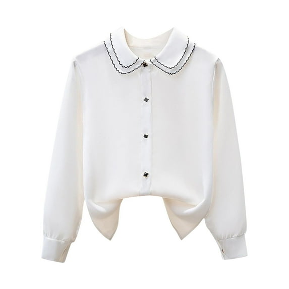 GigrtiJin Gilrs Dress Cotton Tops Solid Color Doll Collar Long Sleeve Button Down Blouse Trendy Casual Cute Shirt