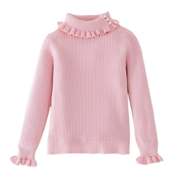 GigrtiJin Girl's Knitting Cotton Tops Solid Color Ribbed High Neck Ruffle Long Sleeve Blouse Thermal Comfy Sweater 2-13 Years