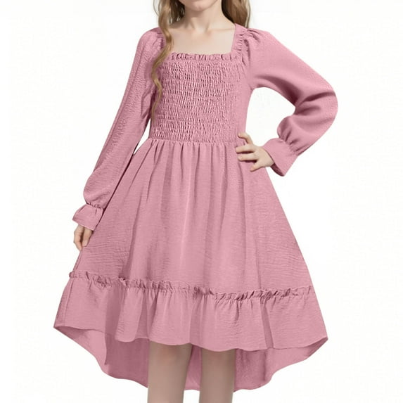 GigrtiJin Girl's Smocked Dress Solid Color Square Neck Long Puff Sleeve Ruffle Dress Vintage Flowy Princess Dress