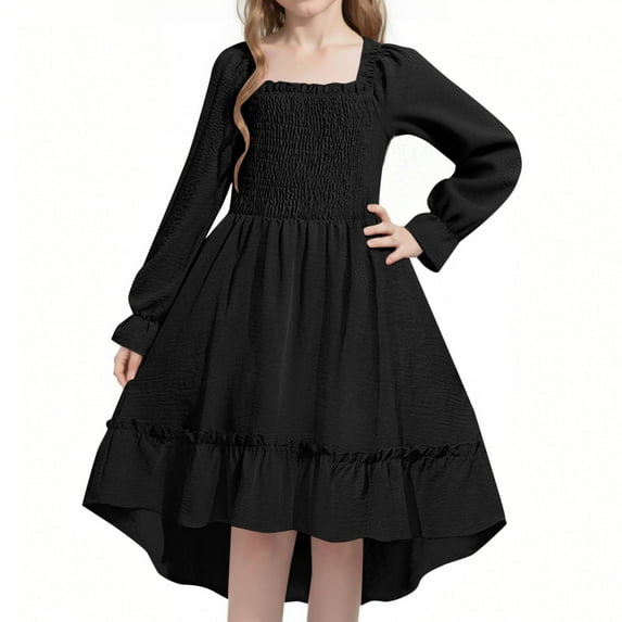 GigrtiJin Girl's Smocked Dress Solid Color Square Neck Long Puff Sleeve Ruffle Dress Vintage Flowy Princess Dress
