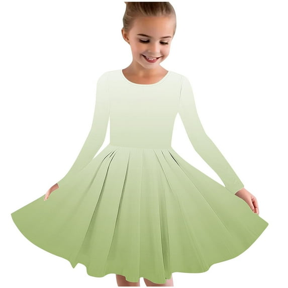GigrtiJin Girls Children Kids Dress Gradient Color Round Neck Long Sleeve Pleated Dress Trendy Cute Casual Dress 4-14 Years
