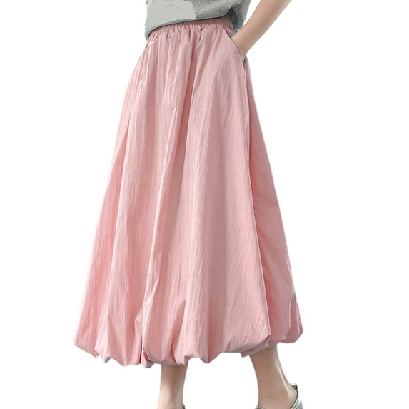 GigrtiJin Girls Children's Long Skirt Solid Color Elastic Waisted Cotton Puffy Skirt with Pocket Loose Casual Skirt 5-16 Years