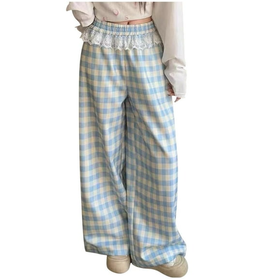 GigrtiJin Girls Cotton Palazzo Pants Plaid Printed Lace Trim Elastic Waisted Wide Leg Pants Trendy Cute Pants 4-13 Years