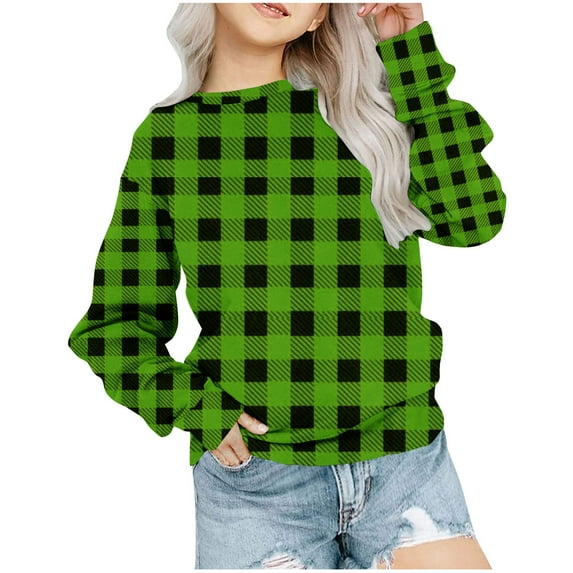 GigrtiJin Girls Oversized Plaid Sweatshirt Long Sleeve Round Neck Fashion Pullover Blouse Kids Casual Comfy Loose Tops