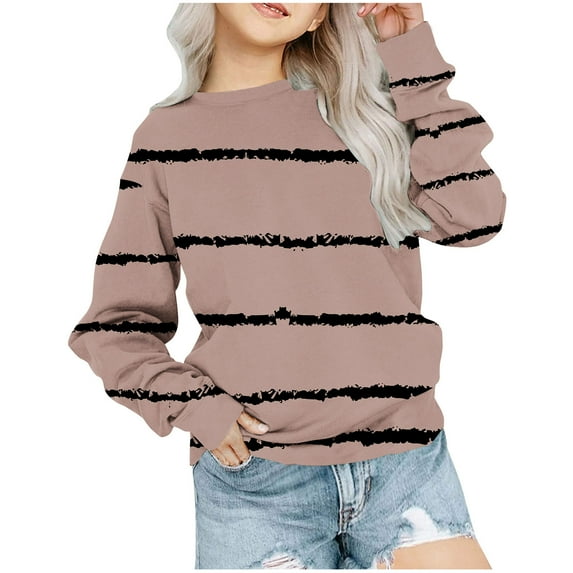 GigrtiJin Girls Plus Size Sweatshirt Kids Crewneck Long Sleeve Striped Blouse Fashion Casual Loose Pullover Tops