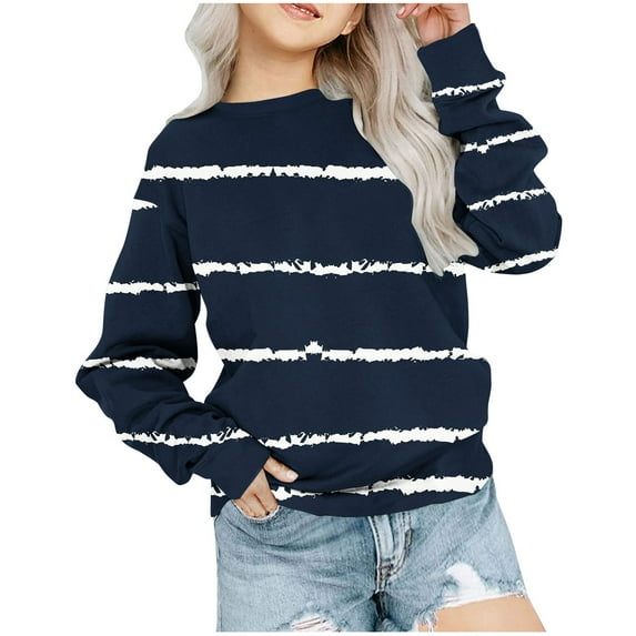 GigrtiJin Girls Plus Size Sweatshirt Kids Crewneck Long Sleeve Striped Blouse Fashion Casual Loose Pullover Tops